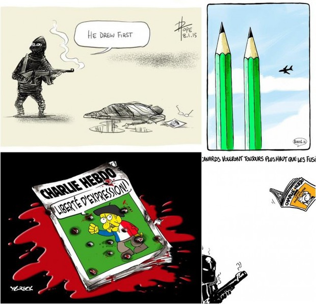 Карикатури в отговор на куршумите: артисти от цял свят почетоха колегите си от Charlie Hebdo